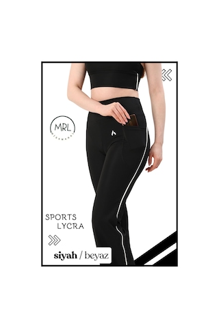 Kadın Yüksek Bel Toparlayıcı Spor Tayt Siyah / Beyaz Şerit Detaylı Lycralı Dalgıç 1041 Siyah Beyaz