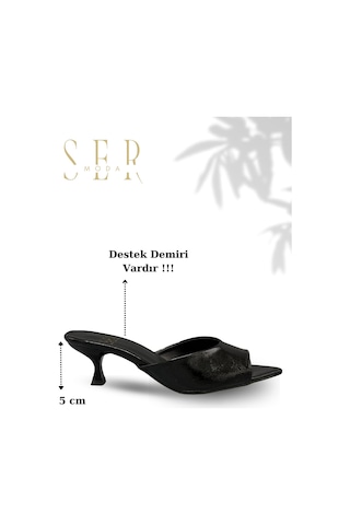 Sermoda Topuklu Kadın Terlik - 5 Cm İnce Topuklu Kadın Terlik Siyah Yanki