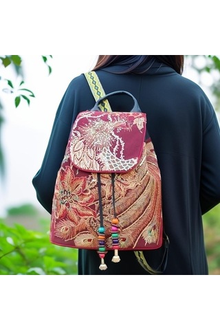 Luckydog Kadınlar İçin İşlemeli Sırt Çantası Vintage Omuz Çantası Kadın Büyük Kapasiteli Üst Saplı Postacı Çantaları Bordo Bordo