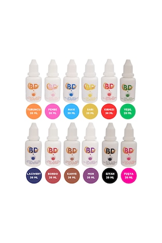 Bd 12'li Sıvı Gıda Boyası Seti 20 Ml Turuncu, Pembe, Mavi, Sarı, Yeşil, Kırmızı, Lacivert, Bordo, Kahve, Mor, Siyah, Fuşya