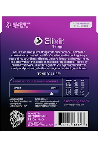 Elixir 011-052 Bronz Akustik Gitar Teli Ekonomik 3'lü Set 16564