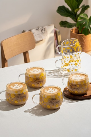 Porsima 2089-1 6lı Borosilikat Isıya Ateşe Dayanıklı Cam Kulplu Çay Bardağı Kahve Bardak Kupa 400 ML