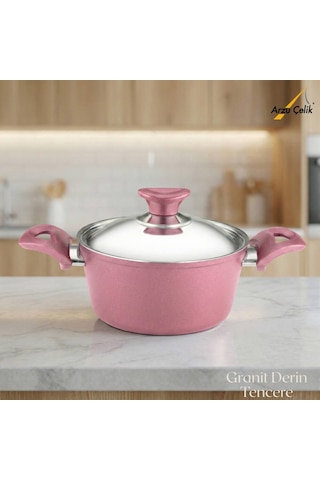 18 Cm Granit Derin Tencere Çelik Kapak - Mürdüm Mürdüm