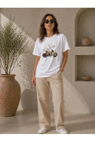 Defymoda Motosiklet Baskılı Tişört Bisiklet Yaka Kısa Kol Yazlık T-shirt - Beyaz
