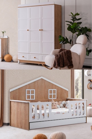 Bello Çocuk Odası Takımı, Bello Yavrulu Karyola, Berlin 3 Kapaklı Dolap - Ceviz Renkli
