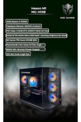 Mod Gaming Hexon MG-H15B R5-7500F 32 GB 1 TB SSD 16 GB RTX5060 Ti Msaüstü Oyuncu Bilgisayarı
