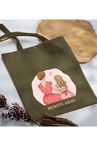 Bk Gift Kişiye Özel İsimli Anneler Günü Tasarımlı Haki Kumaş Bez Çanta, Baskılı Omuz Çantası, Alışveriş Çantası, Anneler Günü Hediyesi, Anneye Hediye-5 Sarı