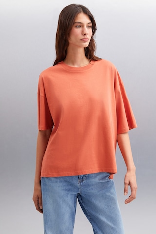 Grımelange Jemmy Kadın %100 Organik Pamuk Relaxed Fit Yırtmaçlı Yuvarlak Yakalı Kiremit Rengi T-shirt