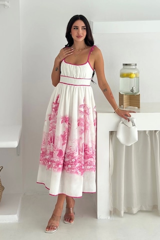 Asprin Fashion Desenli Keten Elbise Pembe Pembe