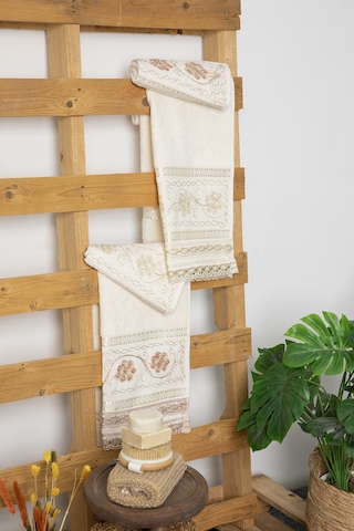 %100 Pamuk Güpürlü Çeyizlik 4'lü Havlu 50x90 - Krem - Pudra Krem - Pudra