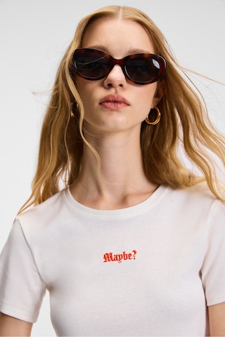 ETHIQUET ZERAYA Kadın Bisiklet Yaka Kısa Kollu Önde Nakış Detaylı Crop Beyaz T-Shirt