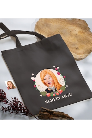 Bk Gift Kişiye Özel Anneler Günü Karikatürlü Antrasit Kumaş Bez Çanta, Baskılı Omuz Çantası, Alışveriş Çantası, Anneye Hediye-1 Antrasit