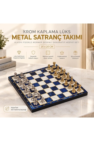 Lüks Metal Satranç Takımı Krom Figürlü 20 X 20 Cm Mavi Mermer Desenli Dekoratif Özel Hediye Seti