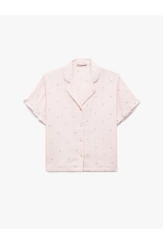 Koton Pamuklu Kısa Kollu Gömlek Yaka Çiçek İşleme Detaylı Pijama Üstü Pembe Desenli 5slk50019mw Pembe Desenli