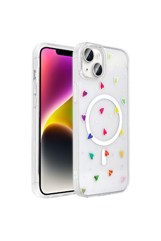 Techaks Apple Uyumlu iPhone 13 Kılıf M-safe Şarj Özellikli Şeffaf Zore Folk Sert Kapak - Kalp Beyaz