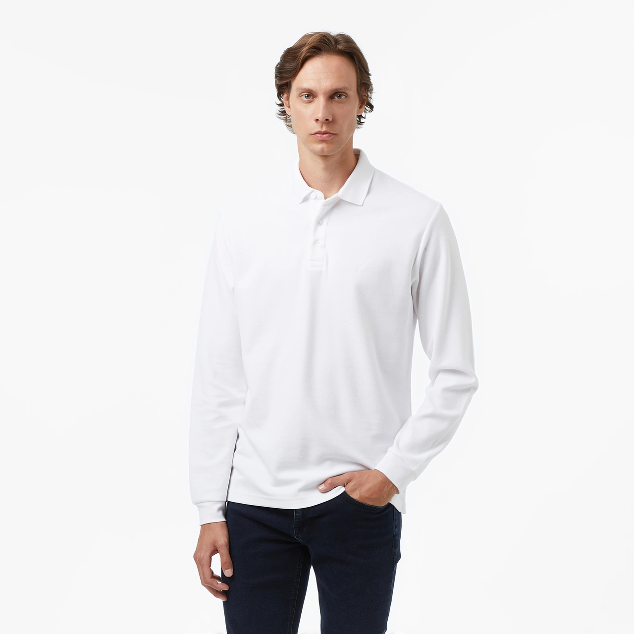 Nautica Erkek Beyaz Classic Fit Uzun Kollu Polo Yaka T-shirt Düz K57351t Beyaz