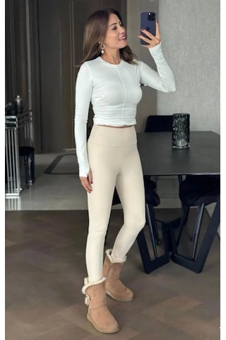 Supplierby Kadın Yüksek Bel Şardonlu Full Likralı Mat Deri Tayt Bej