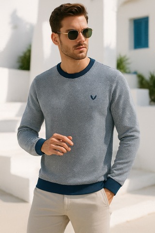 Rich Erkek Lacivert Kare Desenli Bisiklet Yaka Sweatshirt Lacivert
