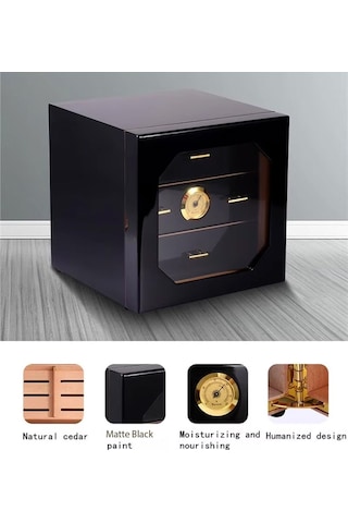 Cigarloong Camlı 3 Çekmeceli Puro Kutusu Humidor Siyah 60's