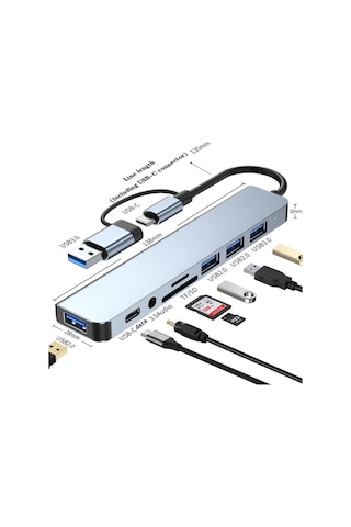 Taplın 8 İn 1 Usb Type-c Usb 2.0/3.0 Audio 3.5 Tf Sd Çevirici Adaptör Çok Portlu Çoklayıcı Usb Hub