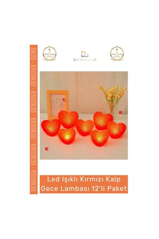 Ledışık Kırmızı Kalp Formlu Led Pilli Romantik Dekoratif Aydınlatma Gece Lambası 12'li Paket Çok Renkli