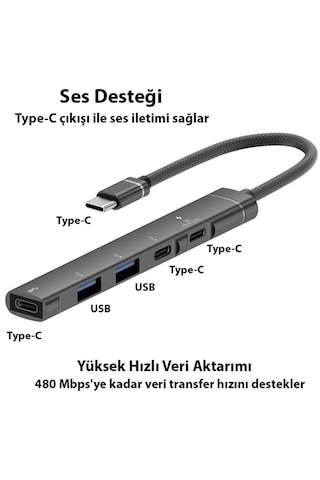 Cr16 5in1 Otg Type-c'den 3ad Type-c, 2ad Usb A Çoklayıcı Type-c Kulaklık Uyumlu Usb C Adaptör Alüminyum Kasa