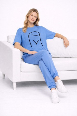 Sevgili Kombini Çift Tişört Oversize Unisex Matching Couple Minim Mavi
