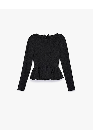 Koton Uzun Kollu Bisiklet Yaka Sim Detaylı Fırfırlı Peplum Yılbaşı Bluz Siyah 6wkg60092ak Siyah