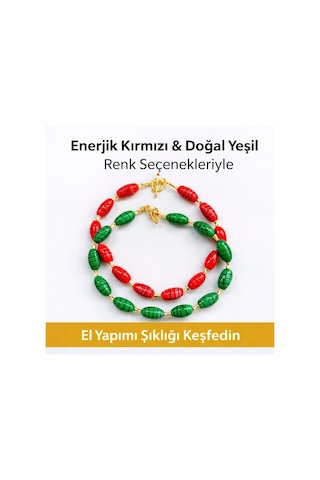 k Kırmızı Doğal Yeşil Cam Boncuk Tasarım Kolye Gold Kaplama El Yapım Kırmızı