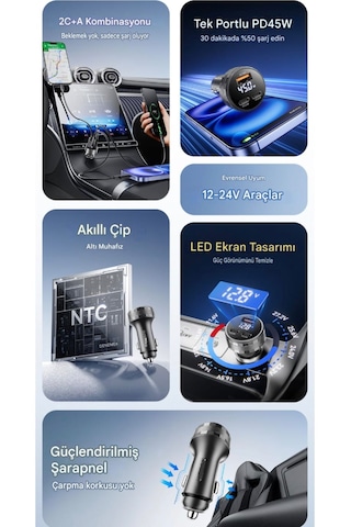 Essager 108w Araç Şarjı Type-c+usb Üç Giriş Hızlı Pd Ce Lisanslı