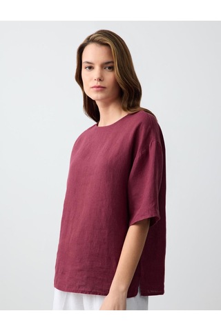 Jimmy Key Jimmy Key Bordo %100 Keten Rahat Kesim Kısa Kollu Bisiklet Yaka Bluz 5sw032574562