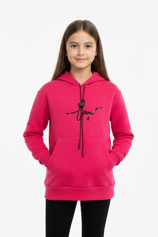 Kapşonlu Love Baskılı Kanguru Cepli Kız Çocuk Sweatshirt-90857 Fuşya