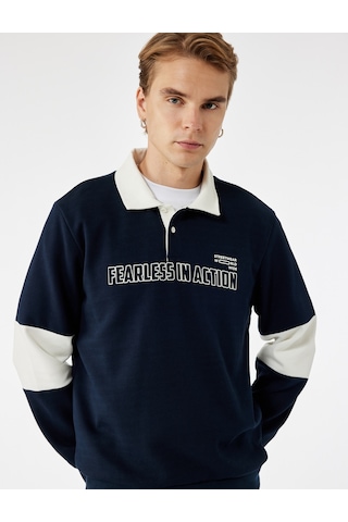 Koton Pamuklu Regular Fit Renk Bloklu Düğmeli Baskılı Polo Yaka Sweatshirt Lacivert 7wam70046mk