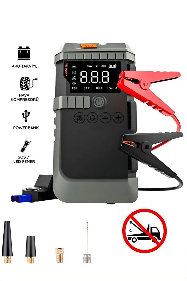 12000mah 4'ü 1 Arada Araç Akü Takviye Cihazı - Hava Kompresörü, Kablosuz Jump Starter & Powerbank