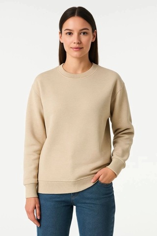 Valensdesign Üç İplik Düz Bisiklet Yaka Sweatshirt - Bej