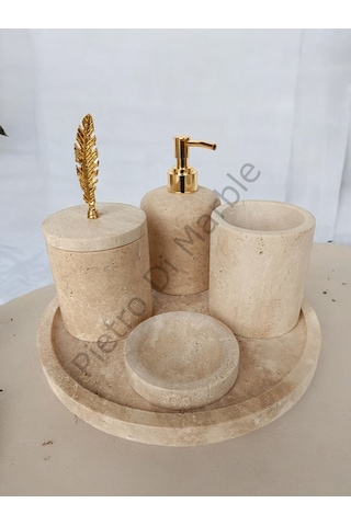 Sarı Traverten Klasik Model 5 Parça Gold Renk Kuş Tüyü Aksesuarlı Banyo Seti Sarı Traverten