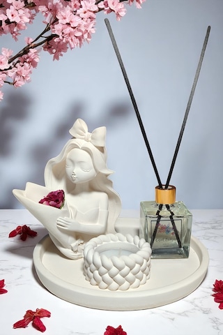 Dekoratif Vazo, Oda Kokusu Ve Mum Seti - Vazo+oda Kokusu+tealight Mumluk Ve Mum+yuvarlak Tepsi Beyaz