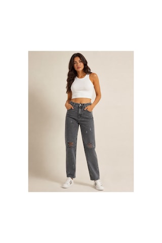 Kene Jeans Yüksek Bel Diz Lazer Yırtık Kar Siyah Mom Jeans Pantolon Kar Siyah