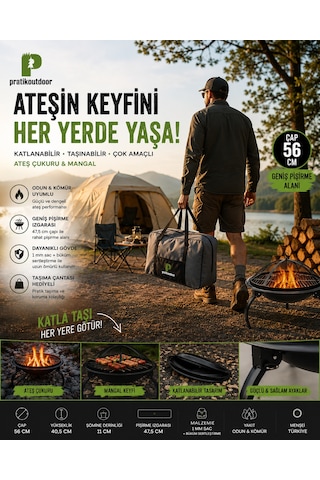 Yuvarlak Katlanır Ayaklı Şömine & Ateş Çukuru Ve Mangal - Çantalı Siyah
