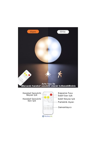 Technojet 3 Adet Akıllı Hareket Sensörlü Uzaktan Kumandalı USB Şarjlı Kablosuz Spot Led Gece Lambası