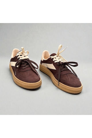 Çift Renkli İki Bağcıklı Kadın Spor Ayakkabısı Retro Sneaker - Kahverengi Kahverengi