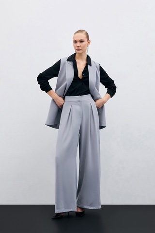 Sateen Yüksek Bel Bol Paça Pantolon - Gri-135632 Gri
