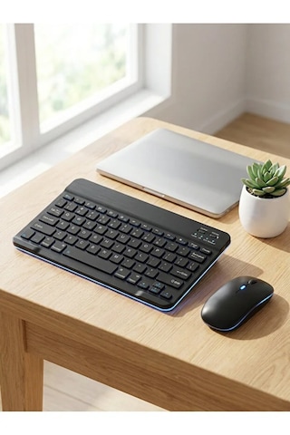 Kablosuz Bluetooth Klavye Ve Dongle Lı Mouse Seti Şarjlı Klavye Ve Fare Kombinasyonu Siyah