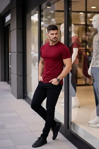 Vexor Erkek T-shirt Bisiklet Yaka Slim Fit Dar Kesim Likralı Tişört Günlük Basic Body - Bordo