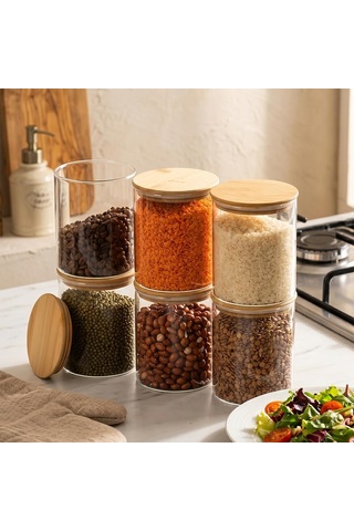 1-3 Bambu Vakumlu Kapaklı Yuvarlak Borosilikat Cam 6lı Kavanoz Seti Saklama Kabı 750ml 10x12cm Çok Renkli