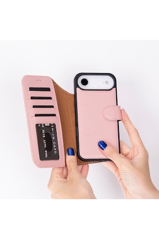 Bloomcase Magic Wallet Blush Hakiki Deri İphone Uyumlu 17 Air 6.5" Cüzdanlı Telefon Kılıfı Pembe