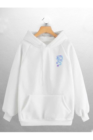 Macklin Unisex Kadın Erkek Mavi Ejderha Baskılı Sweatshirt Beyaz Mck0913 Beyaz