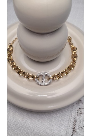 Uzel Çelik Gold Altın Renk Taşlı, Kalın Halka Detaylı Çelik Bileklik Gold