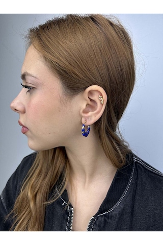 Lacivert Motifli, Halka Model, Paslanmaz Çelik Küpe 539, Kasa Altın Renk Altın