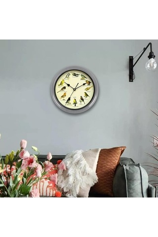 Pazly Suntek Ses Saati Pille Müzikal Kuşlar Gri-25cm Gri Duvar Çalışan 25cm Bz Çok Renkli